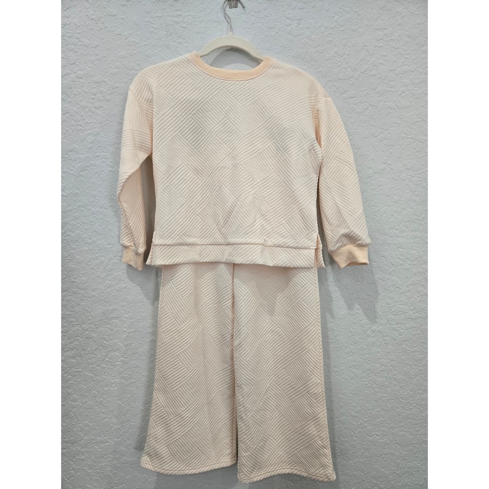 PatPat Girls Cream Quilted Geometric Sweatshirt and Wide Leg Pants Set 7-8Y